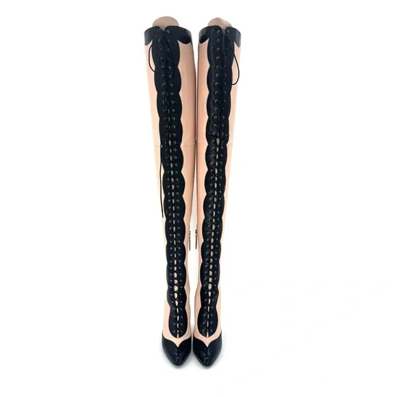 NEW Gucci Harriet Thigh High Snake Emboss Beige Black Pointed Toe Boots 38 - Picture 6 of 10